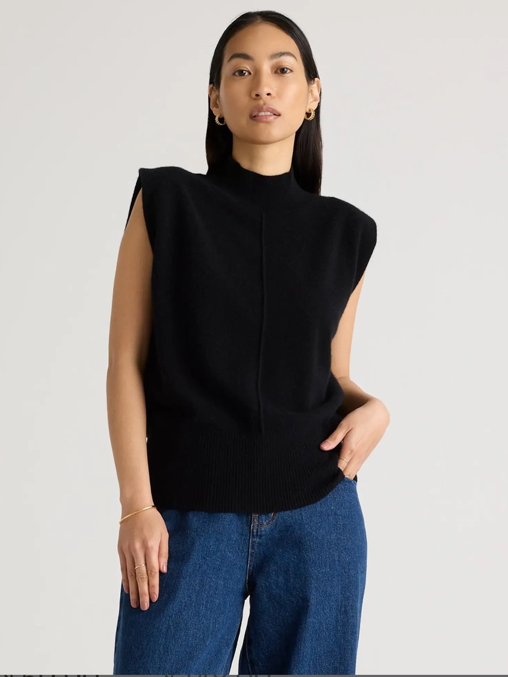 Quince Women Mongolian Cashmere Shoulder Pad Sweater Tank Black M Mock Neck